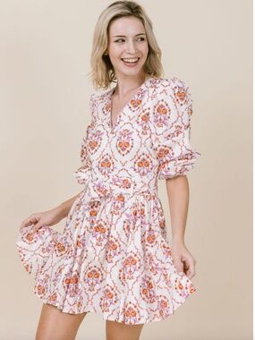 LaRoque Floral V-Neck Dress in White with Pink & Orange Print | Printed